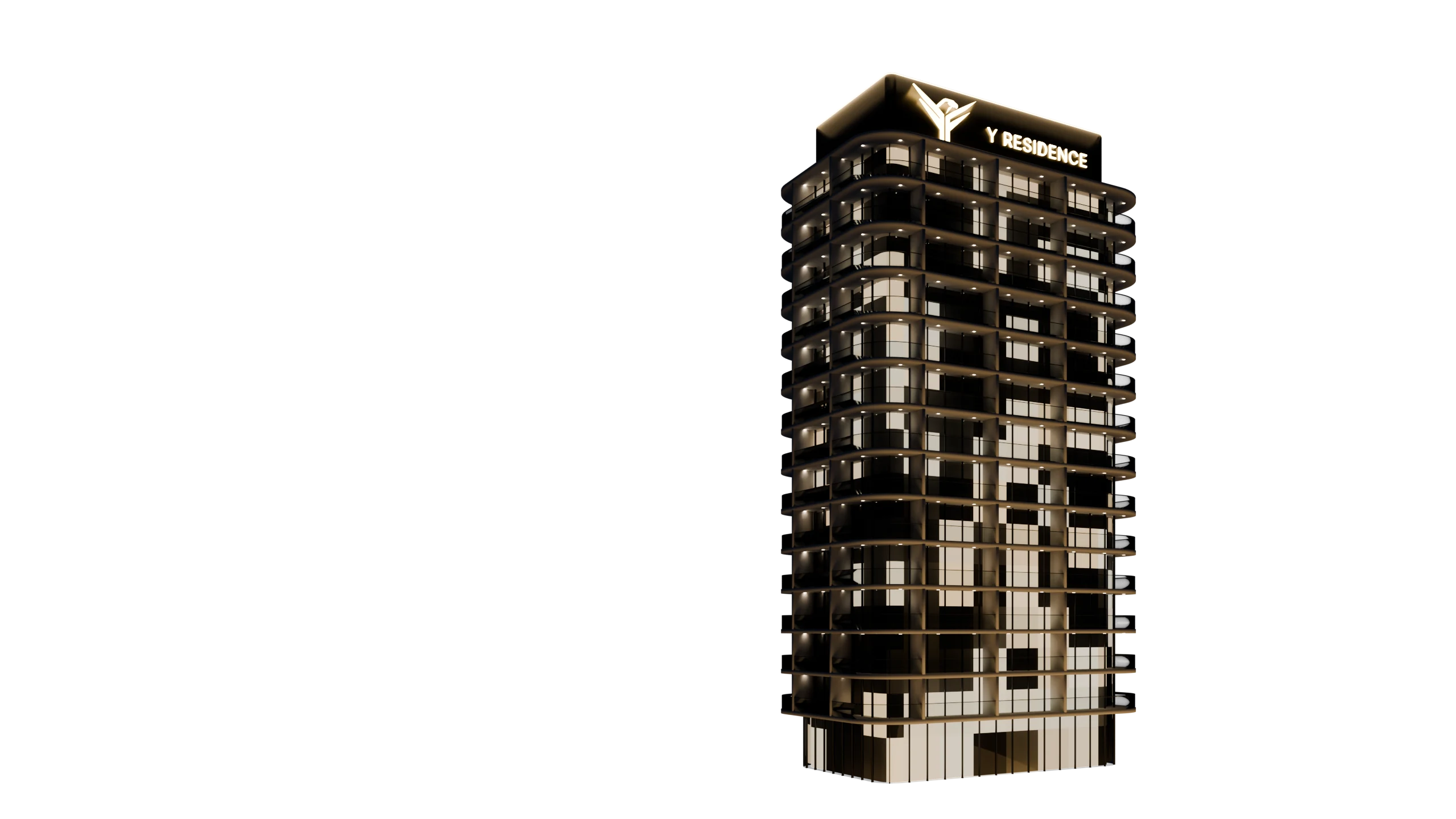 Y Residence noaptea: bloc cu 13 etaje, emblema luminoasă pe coroană